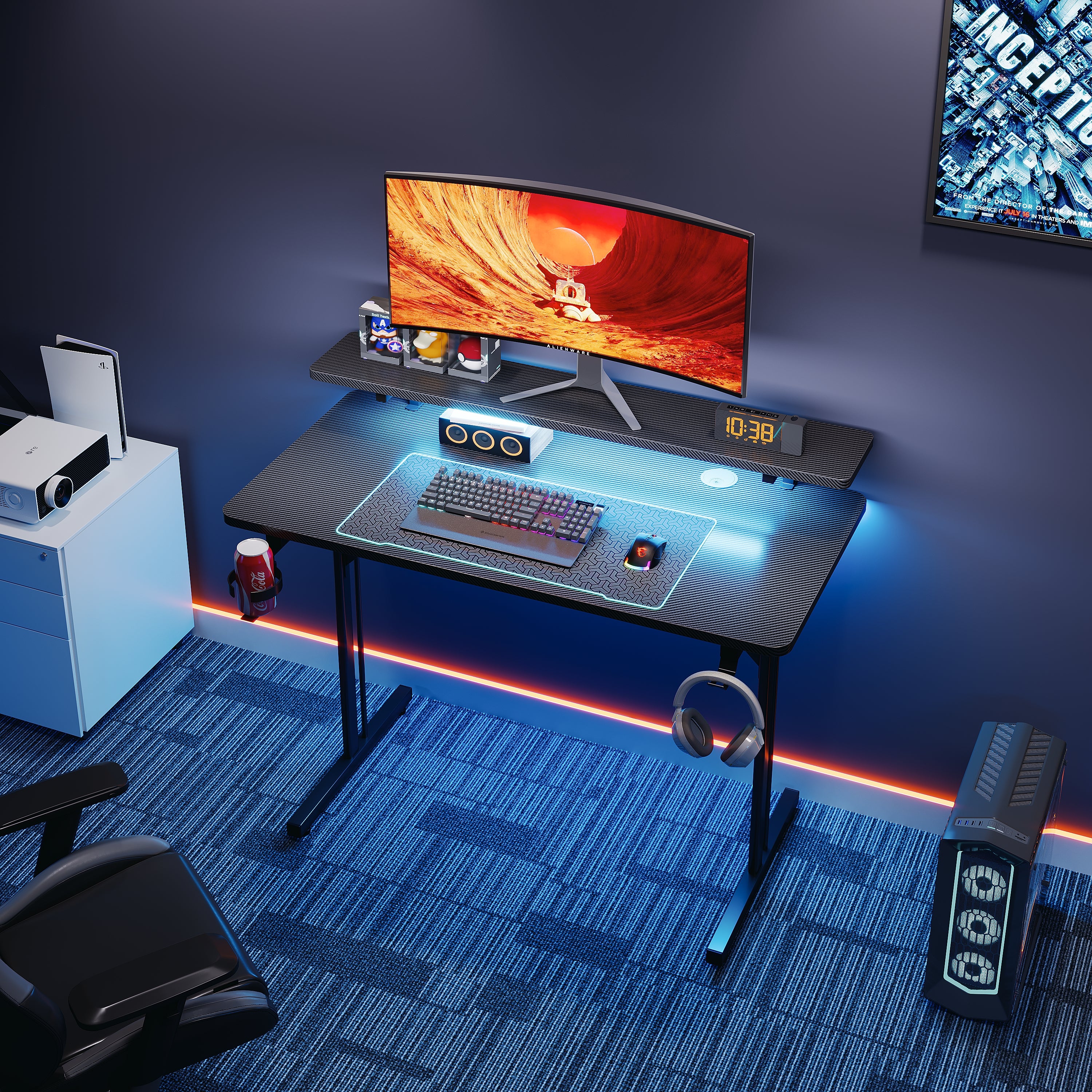 T-Shaped Gaming Table with Shelf
