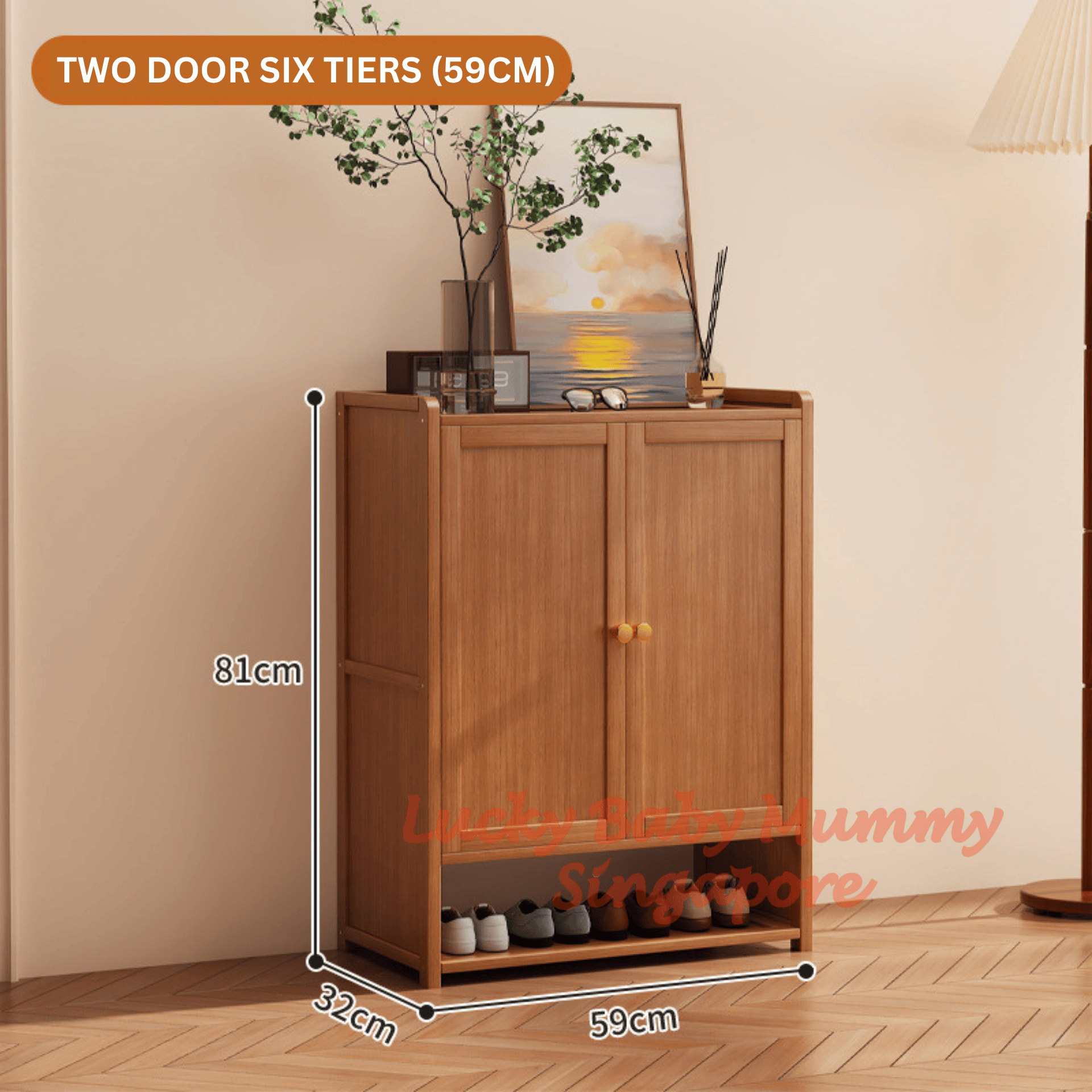 Open Base Bamboo Shoe Cabinet- 4th 2 Door 6 Tiers