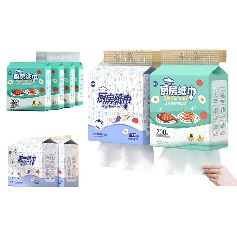 【4 Packs / Box】ManHua 2-Ply 200 Sheets Kitchen Towel Paper / Hanging Paper Towel/Wall-Mounted Napkin