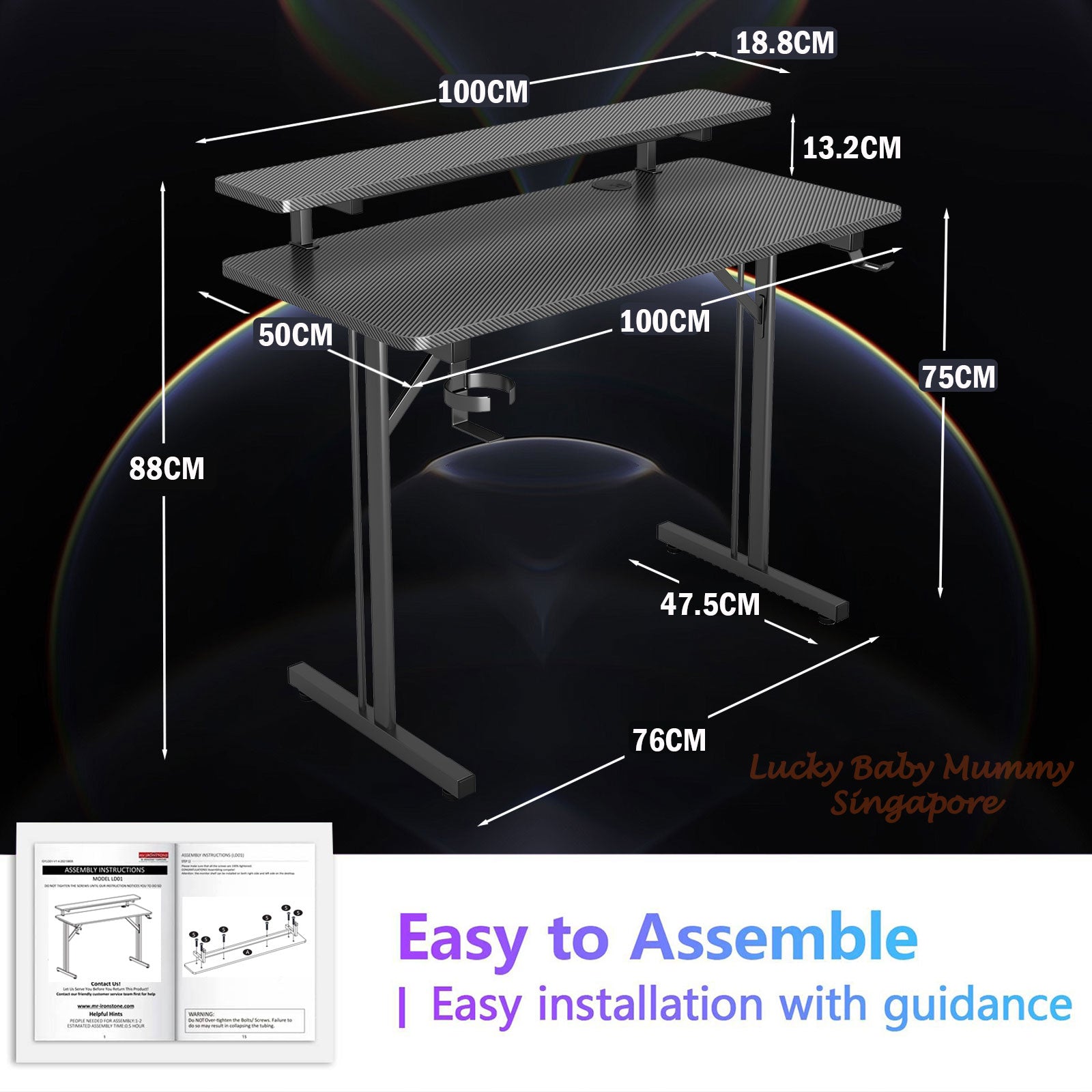 T-Shaped Gaming Table with Shelf
