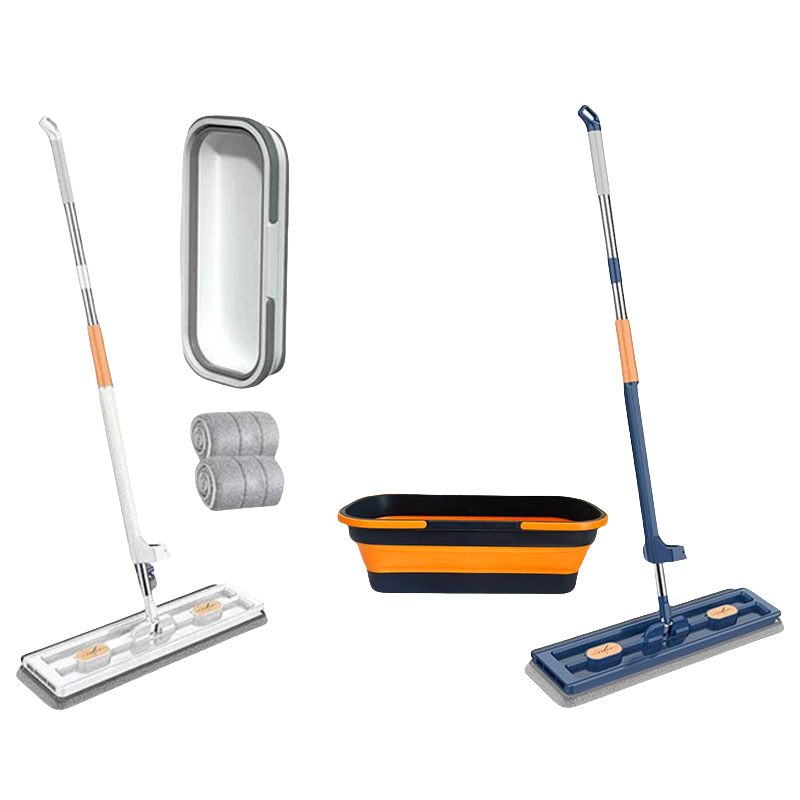Hands-Free Flat Mop with Foldable Bucket Set/42cm Wide Mop Head/No Installation Needed