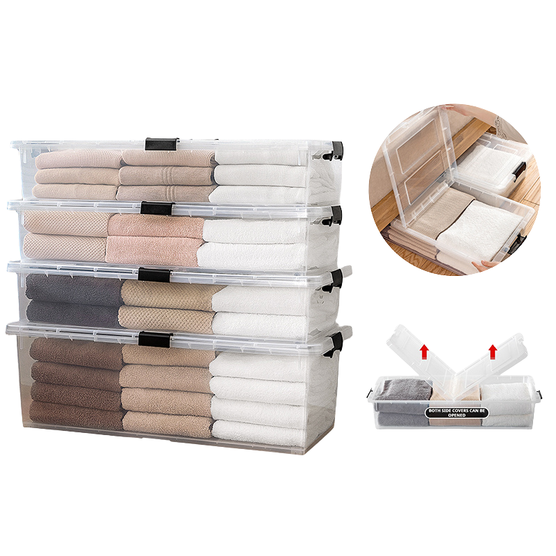 Transparent Underbed Storage Box with Wheels/Large Capacity Storage Box Dual-Open Lid