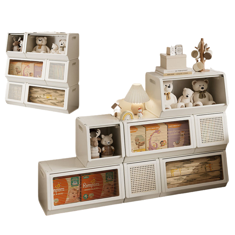 Rattan Lid Storage Cabinet with Door/Stackable Organizer for Home or Kids, Snacks, Baby Storage Box