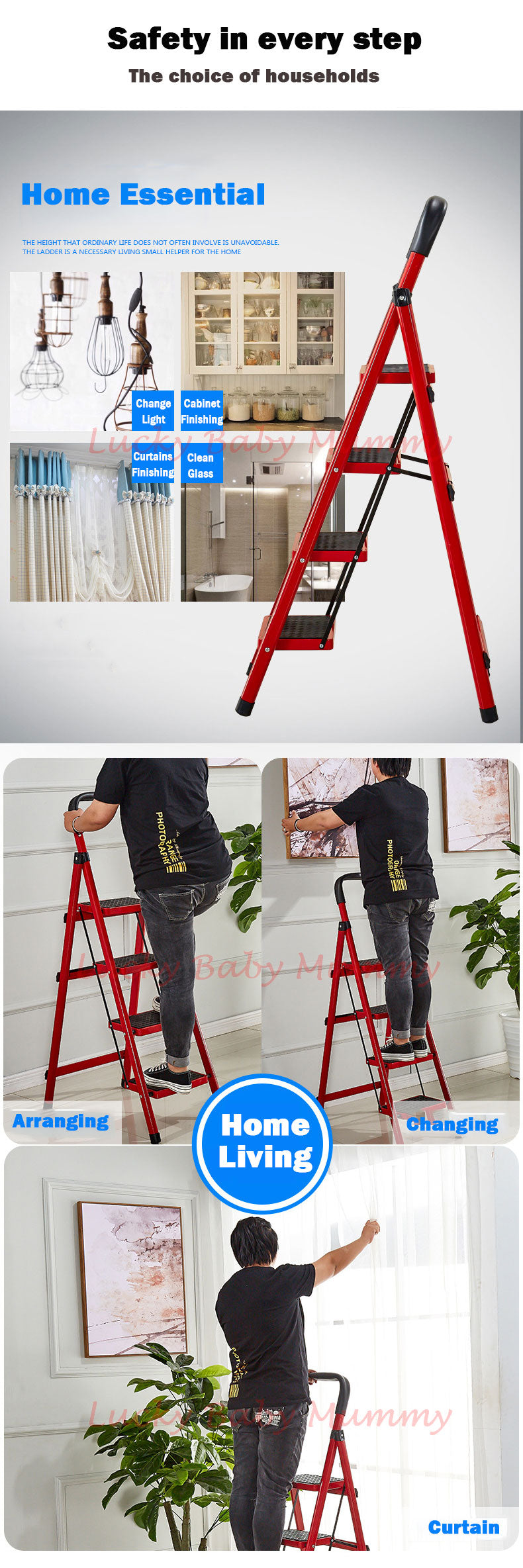 Foldable Red Stool Step Ladder 3/4/5 Steps