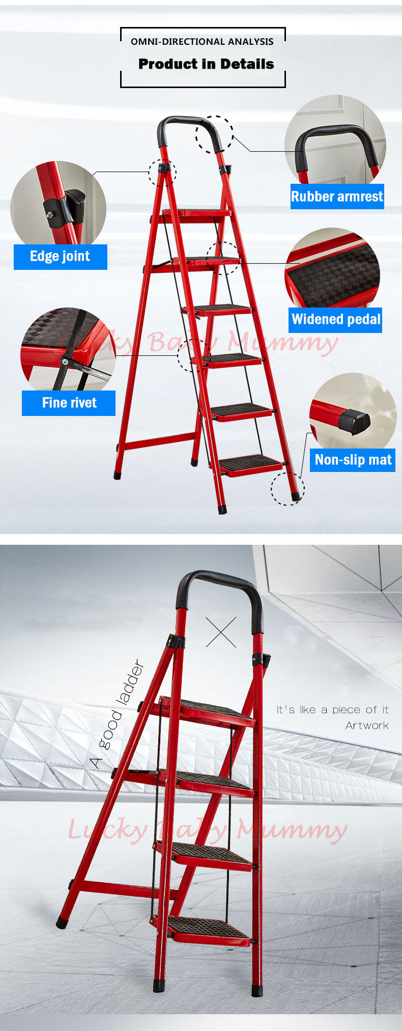 Foldable Red Stool Step Ladder 3/4/5 Steps