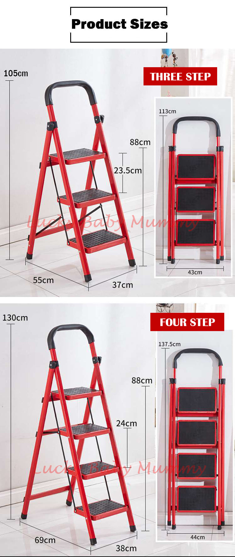 Foldable Red Stool Step Ladder 3/4/5 Steps