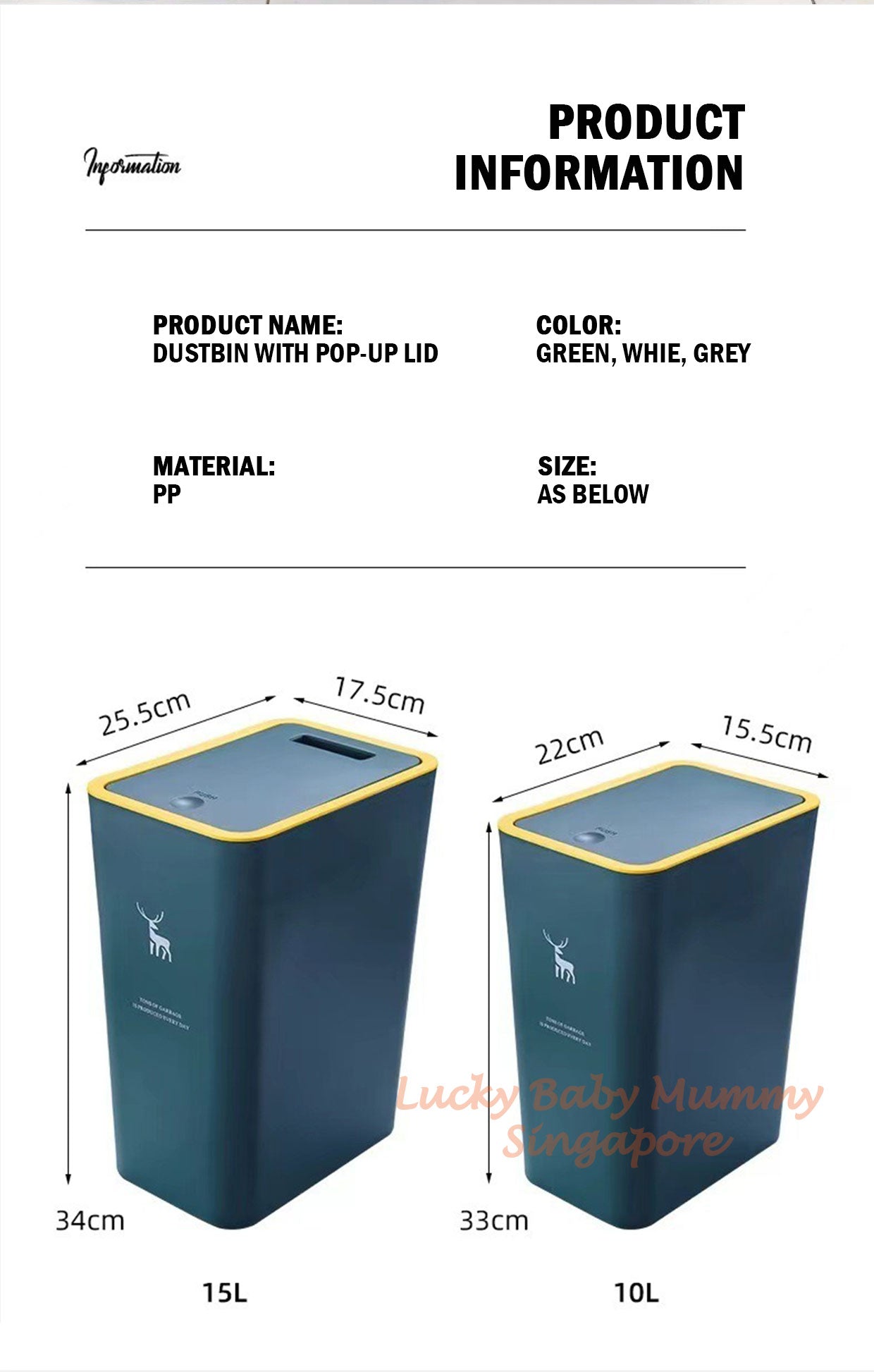 10/15L Pop-up Cover Dustbin with Slim Deisgn Waterproof