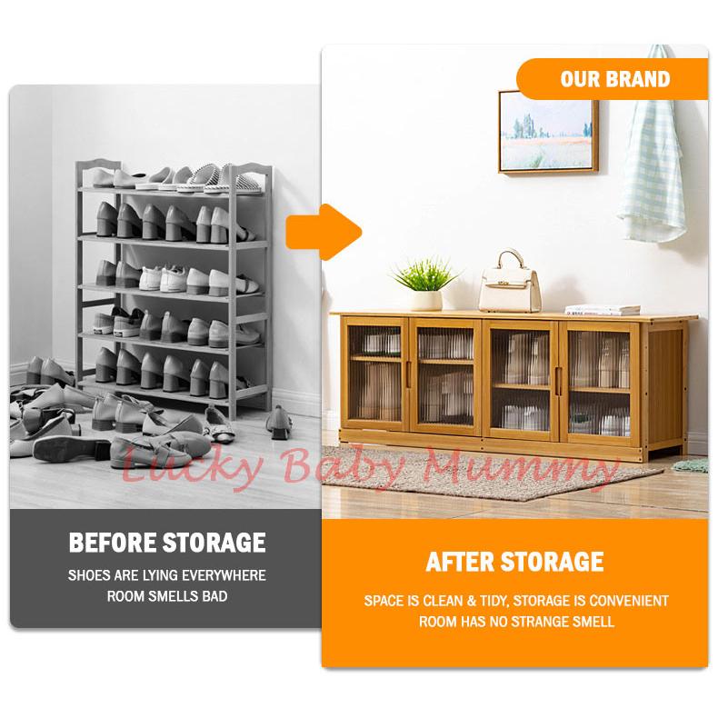 Bamboo Shoe Rack Bench with Transparent Door