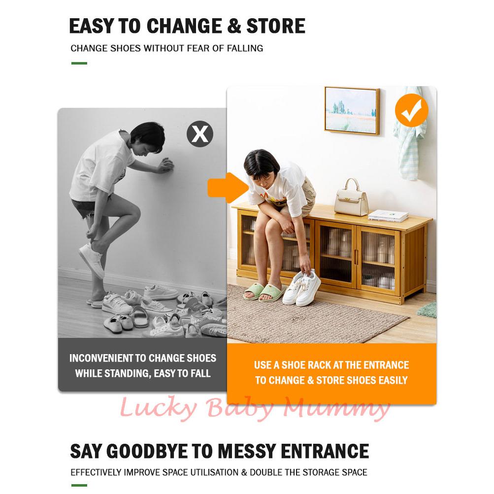 Bamboo Shoe Rack Bench with Transparent Door