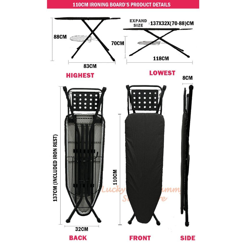 Standing Ironing Board with Premium Board Cover and Iron Rest