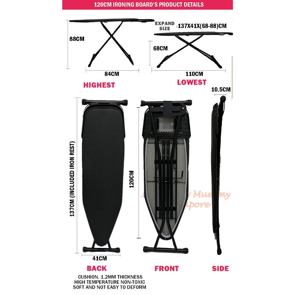 Standing Ironing Board with Premium Board Cover and Iron Rest