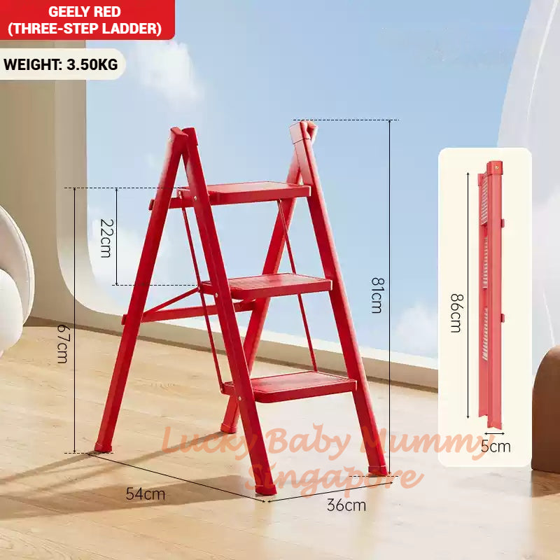 Red Folding Ladder / Lightweight Carbon Steel Ladder / Anti-Slip Lightweight Home Ladder