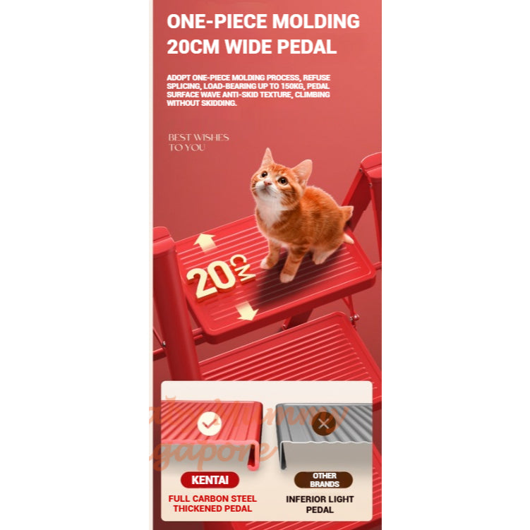 Red Folding Ladder / Lightweight Carbon Steel Ladder / Anti-Slip Lightweight Home Ladder