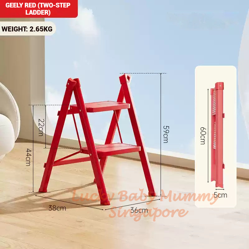 Red Folding Ladder / Lightweight Carbon Steel Ladder / Anti-Slip Lightweight Home Ladder