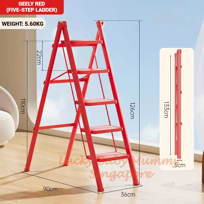 Red Folding Ladder / Lightweight Carbon Steel Ladder / Anti-Slip Lightweight Home Ladder