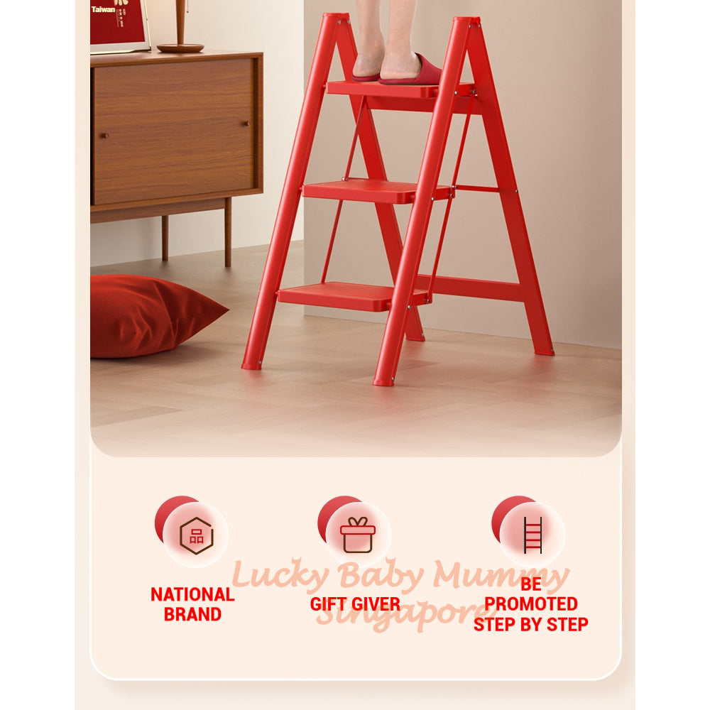 Red Folding Ladder / Lightweight Carbon Steel Ladder / Anti-Slip Lightweight Home Ladder