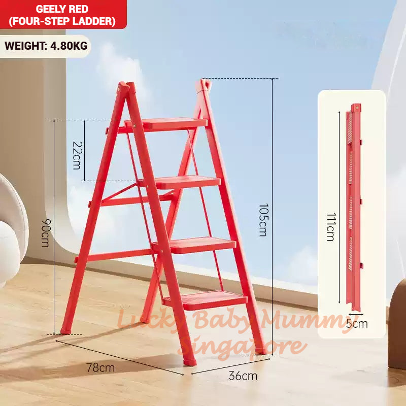 Red Folding Ladder / Lightweight Carbon Steel Ladder / Anti-Slip Lightweight Home Ladder