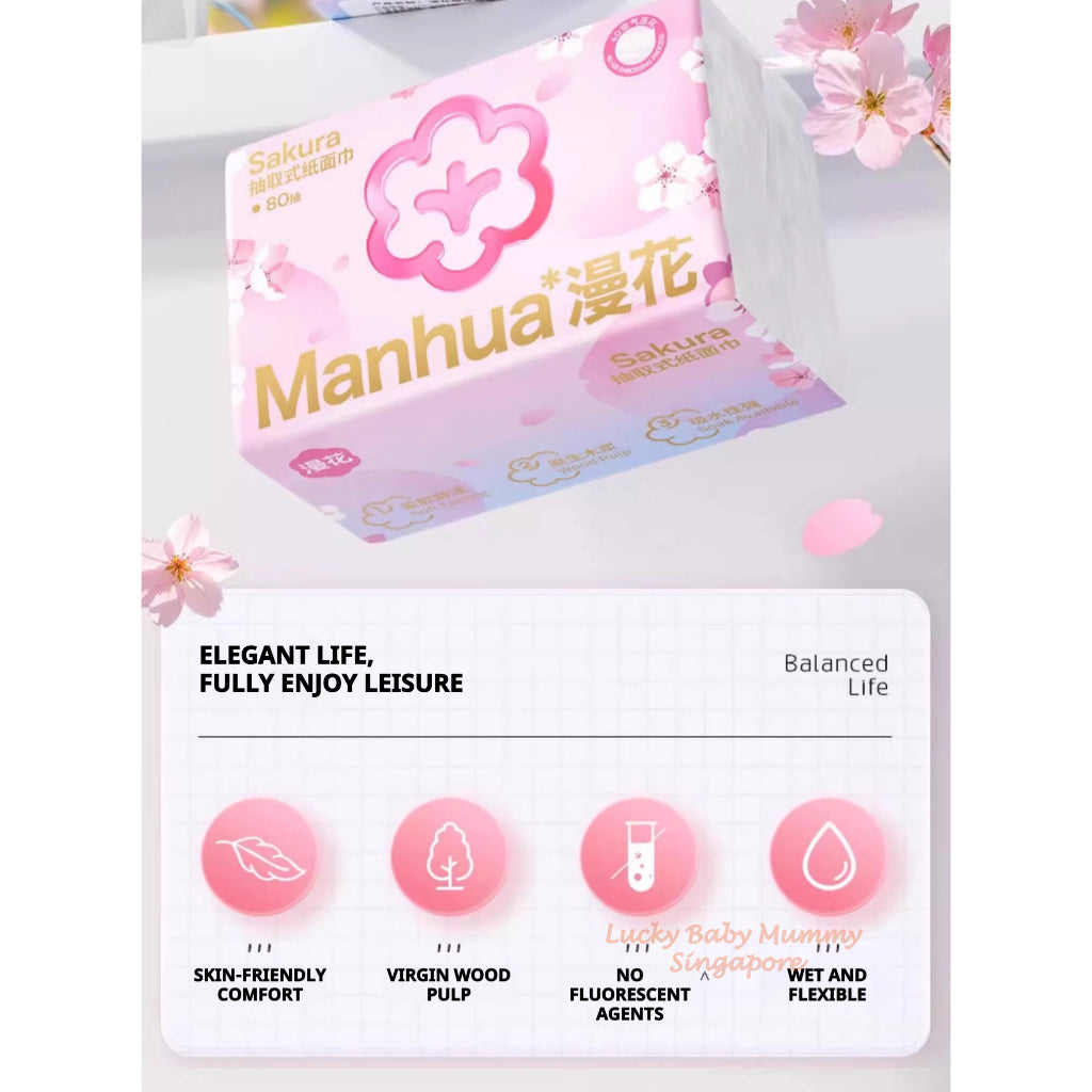 【30 Packs/Box】 ManHua Sakura Drawing 320 sheets | Wood Pulp 3-Ply Napkin for muti-use