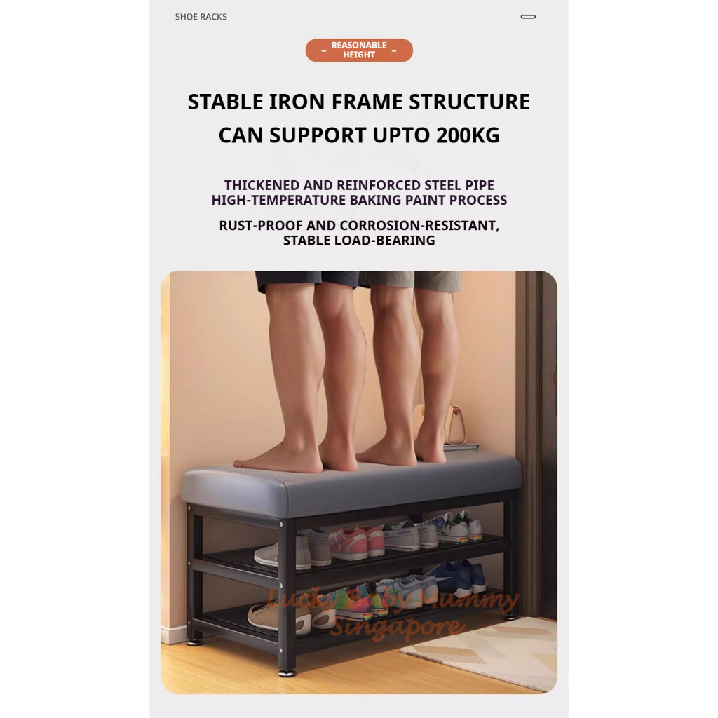 Minimalist Shoe Storage Bench with PU Leather Cushion / Multi-Tier Rack / Entryway Stool Storage
