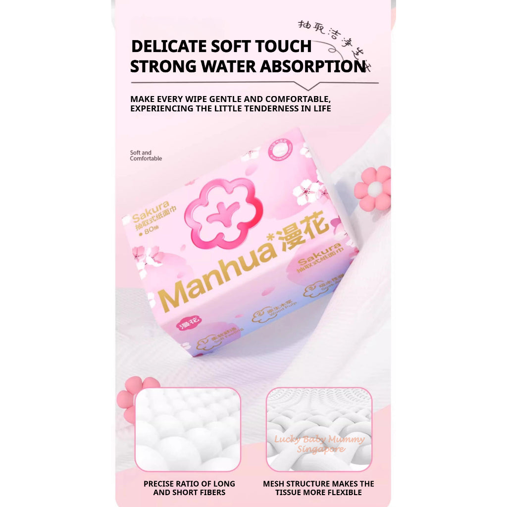 【30 Packs/Box】 ManHua Sakura Drawing 320 sheets | Wood Pulp 3-Ply Napkin for muti-use