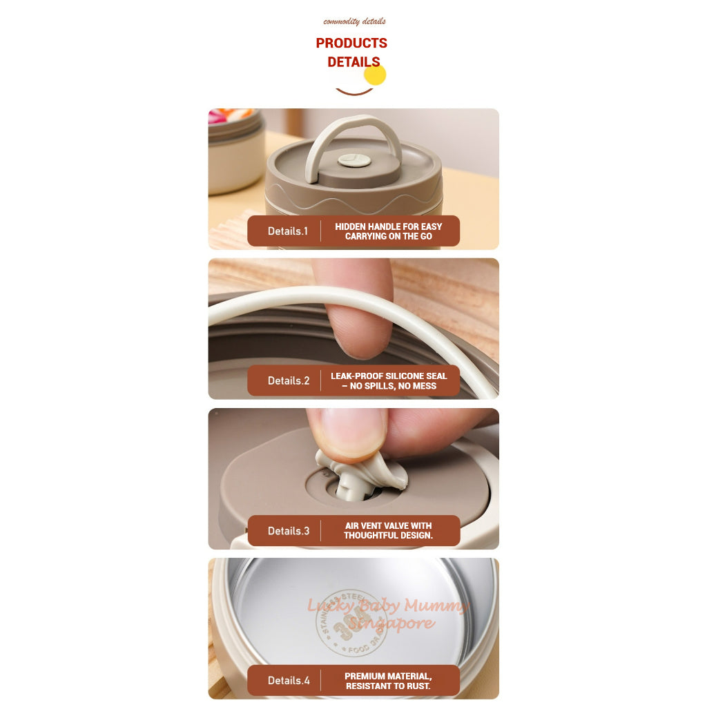 Stainless Steel Lunch Box / Microwaveable Thermos Food Container / Round Insulated Food Storage Box