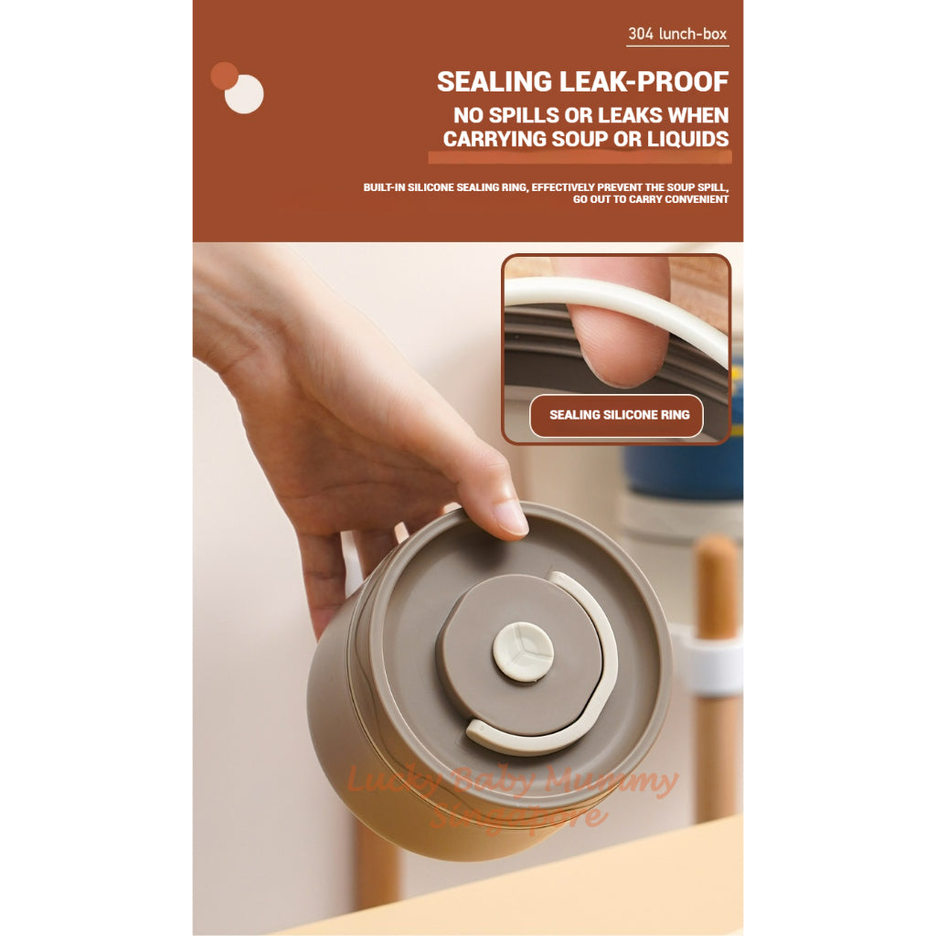 Stainless Steel Lunch Box / Microwaveable Thermos Food Container / Round Insulated Food Storage Box