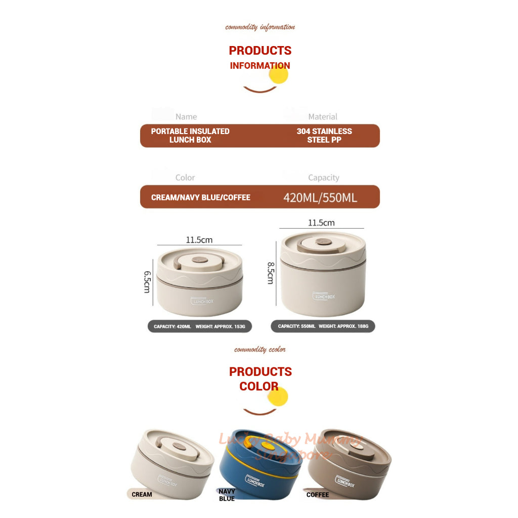 Stainless Steel Lunch Box / Microwaveable Thermos Food Container / Round Insulated Food Storage Box