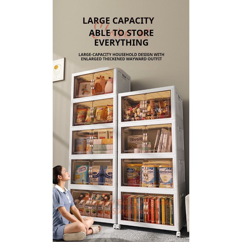 Stackable Folding Cabinet / Thickened Storage Cabinet / Home Organizer / Double Door Storage Box with Wheels