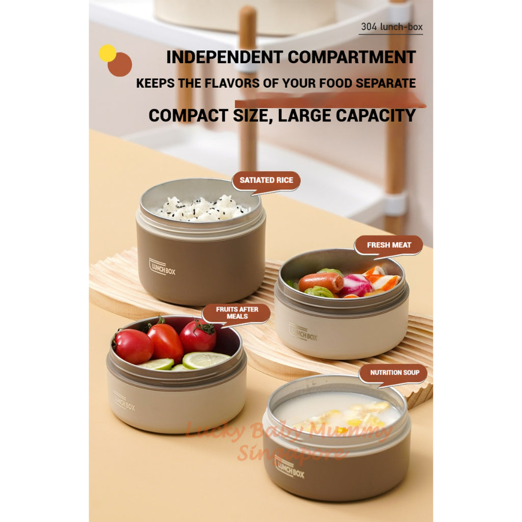 Stainless Steel Lunch Box / Microwaveable Thermos Food Container / Round Insulated Food Storage Box