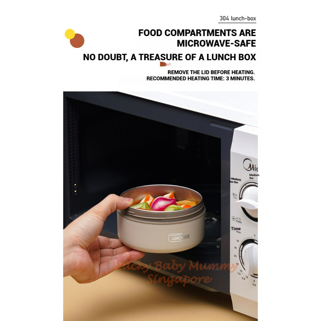 Stainless Steel Lunch Box / Microwaveable Thermos Food Container / Round Insulated Food Storage Box