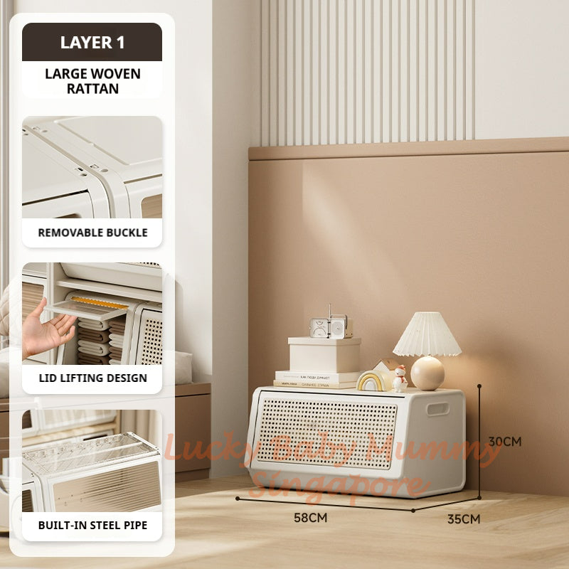 Rattan Lid Storage Cabinet with Door/Stackable Organizer for Home or Kids, Snacks, Baby Storage Box