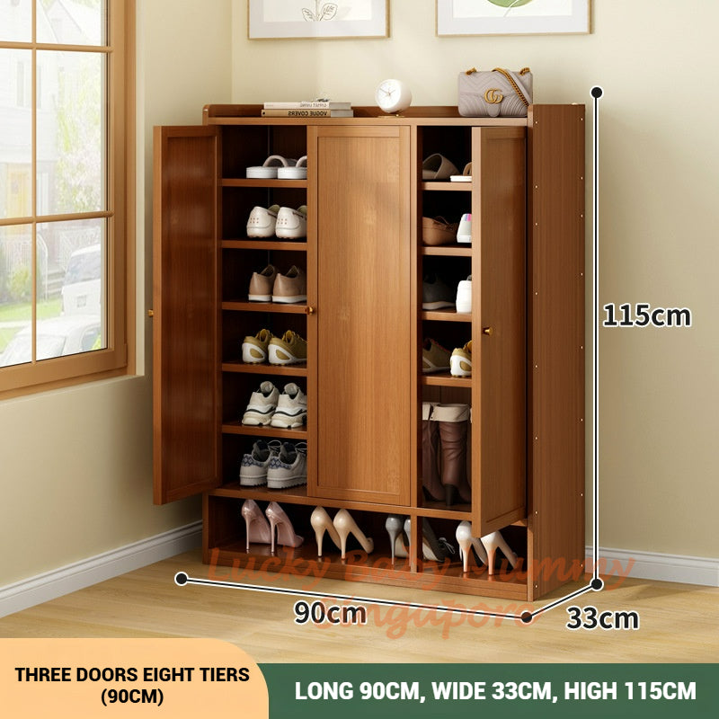 Open Base Bamboo Shoe Cabinet- 3 Door 8 Tiers