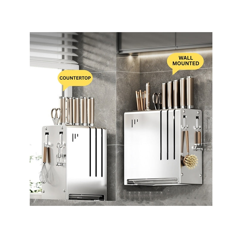 【CLEARANCE】Dual-Use Stainless Steel Knife Rack / Wall-Mounted & Countertop Kitchen Organizer
