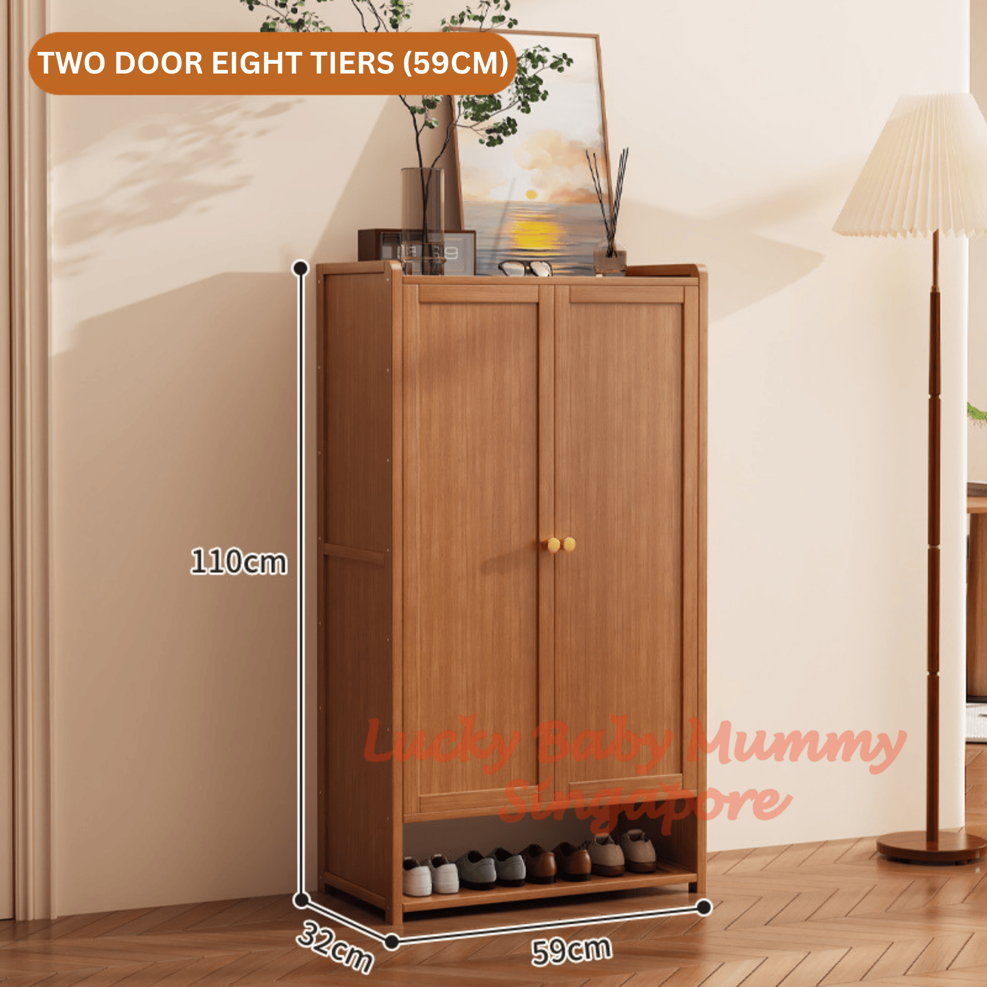 Open Base Bamboo Shoe Cabinet- 4th 2 Door 8 Tiers