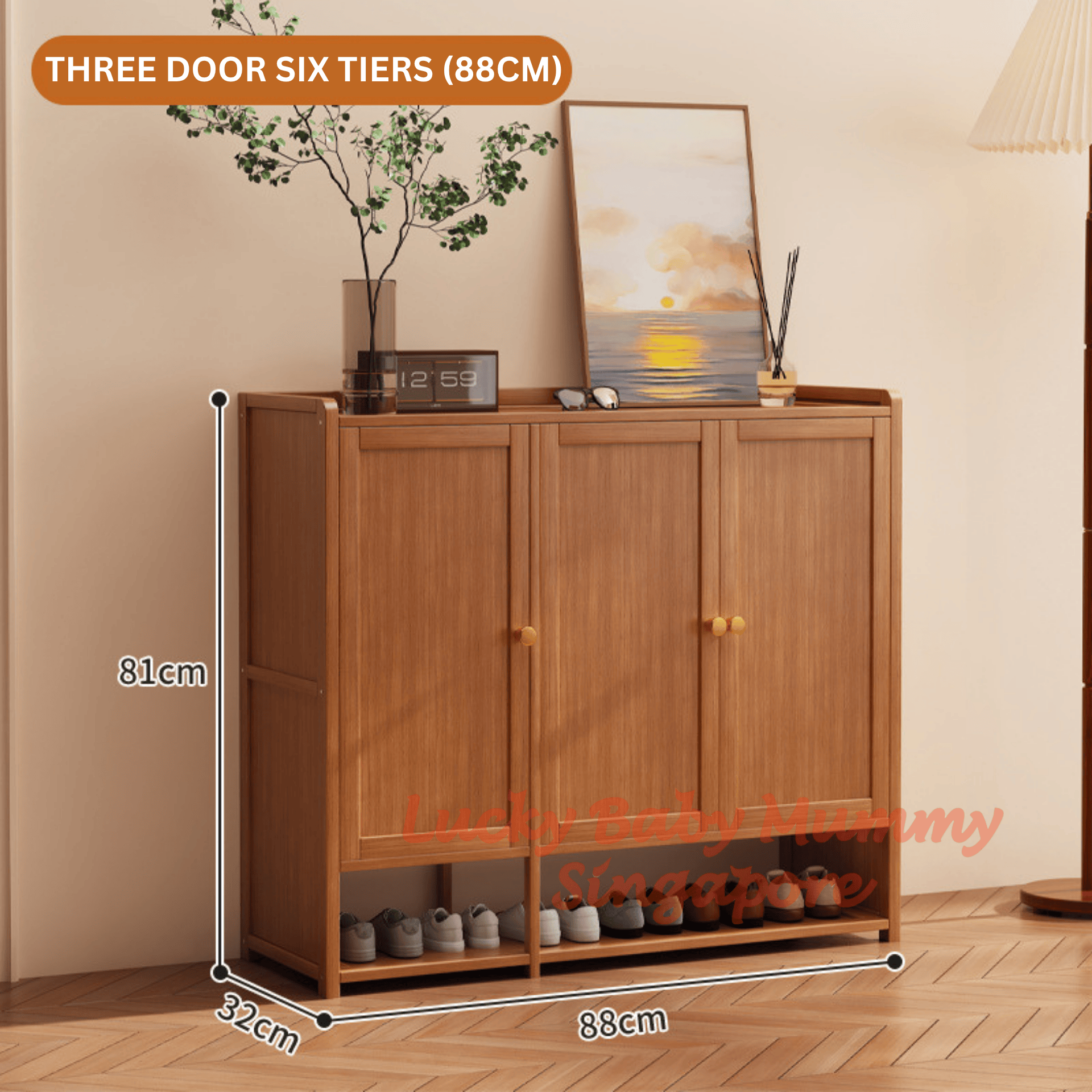 Open Base Bamboo Shoe Cabinet- 4th 3 Door 6 Tiers