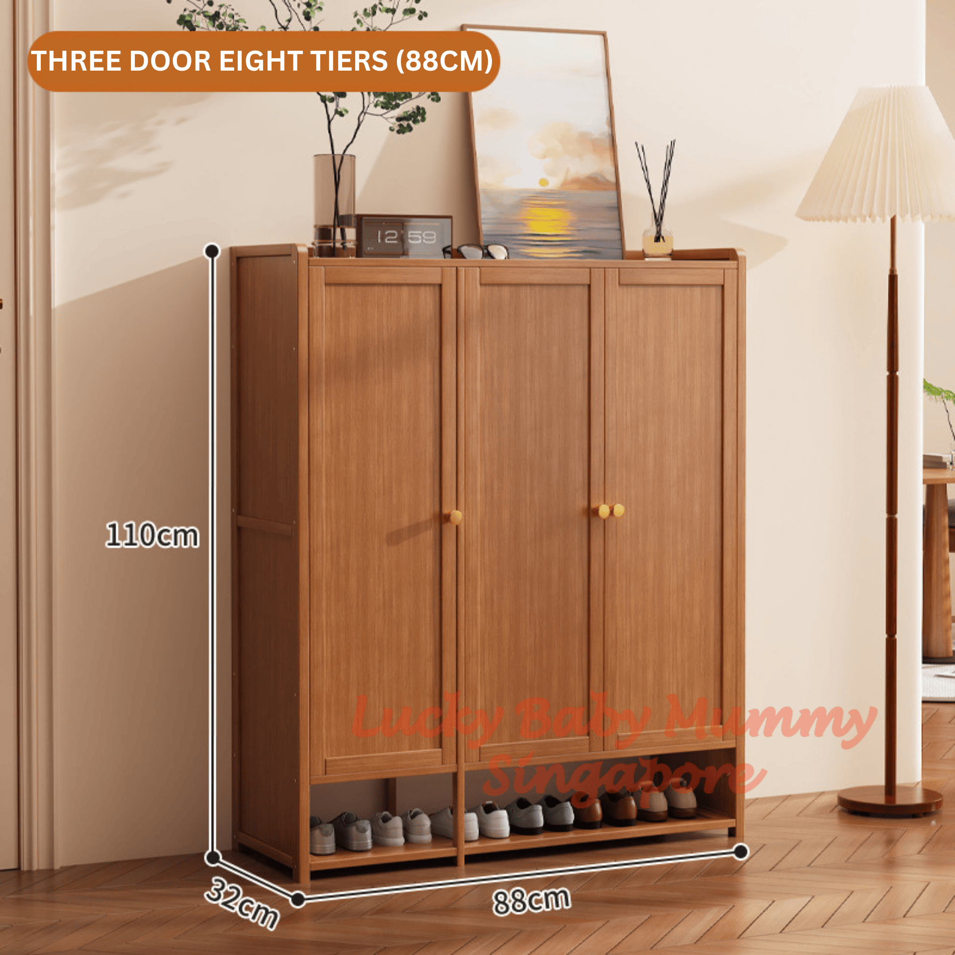 Open Base Bamboo Shoe Cabinet- 4th 3 Door 8 Tiers