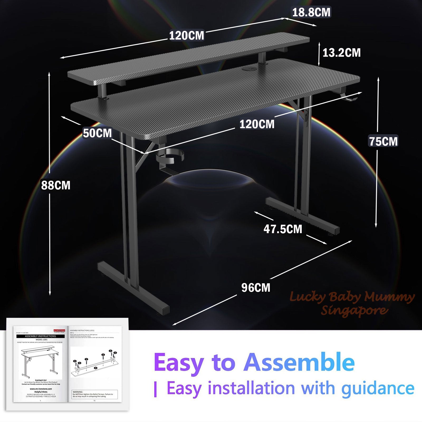 T-Shaped Gaming Table with Shelf