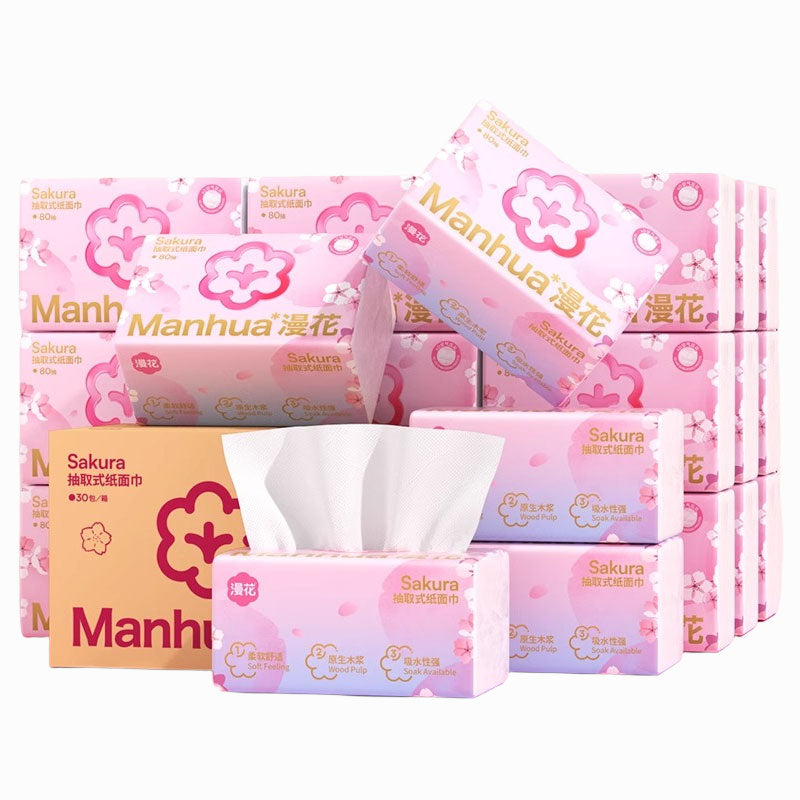 【30 Packs/Box】 ManHua Sakura Drawing 320 sheets  | Wood Pulp 3-Ply Napkin for muti-use