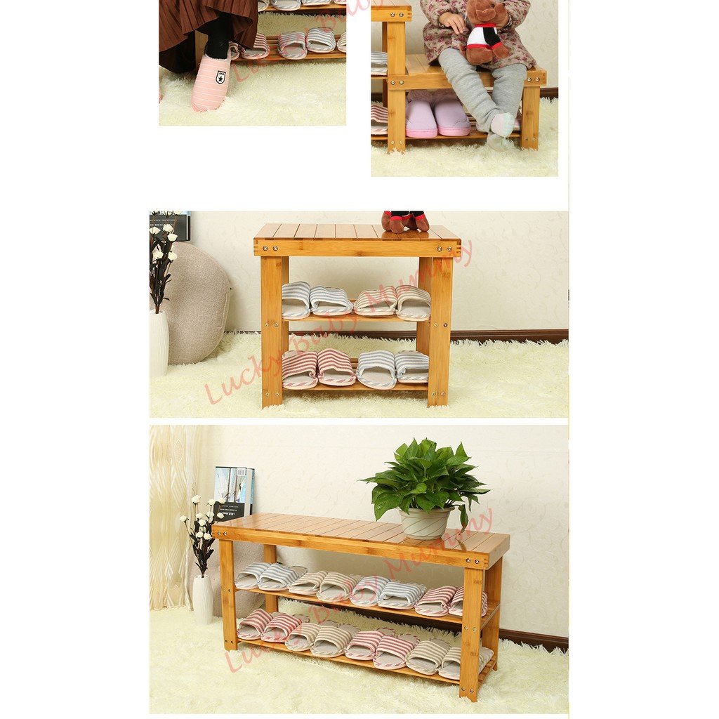 Carved Bamboo Shoe Rack Bench / Storage Rack / Seat Wearing Taking off Shoes Strong Organizer