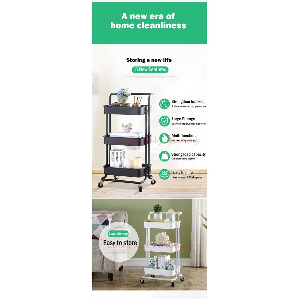 Movable Trolley with Handle Storage Rack