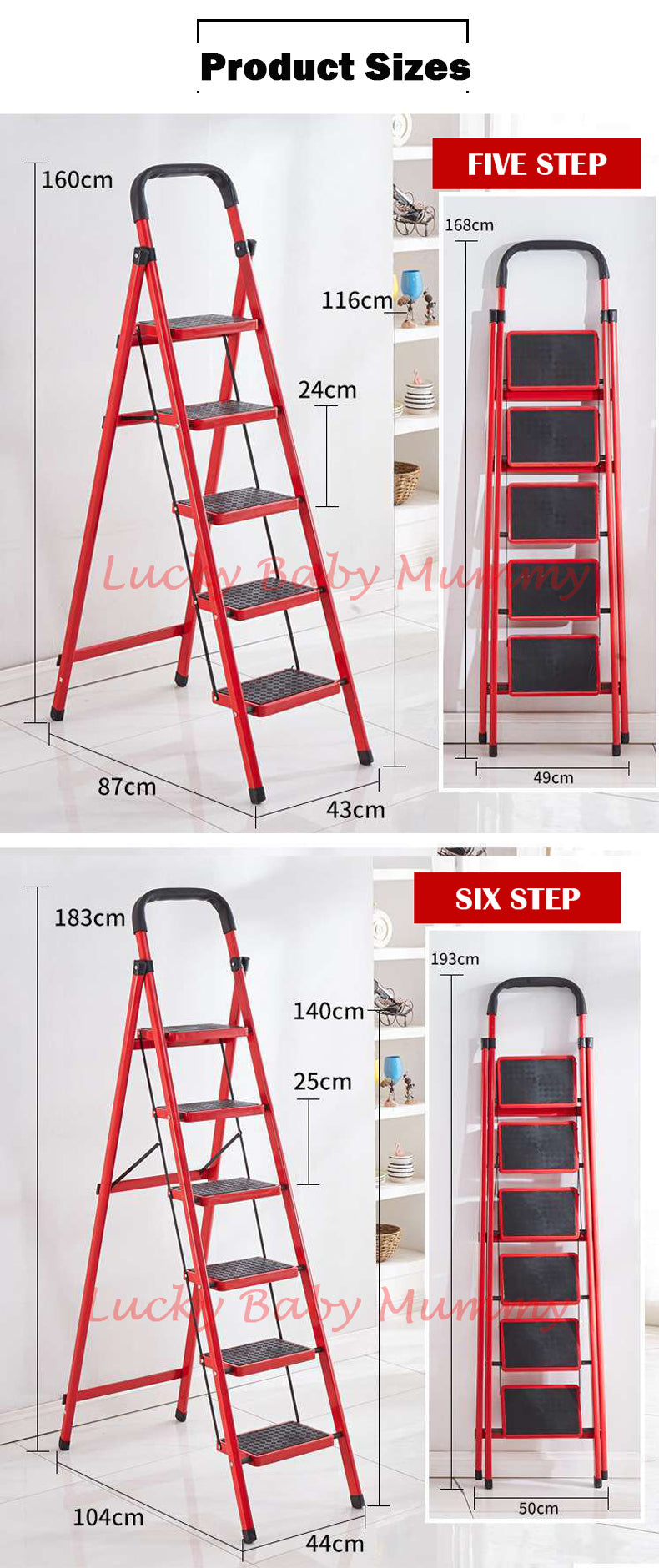 Foldable Red Stool Step Ladder 3/4/5 Steps