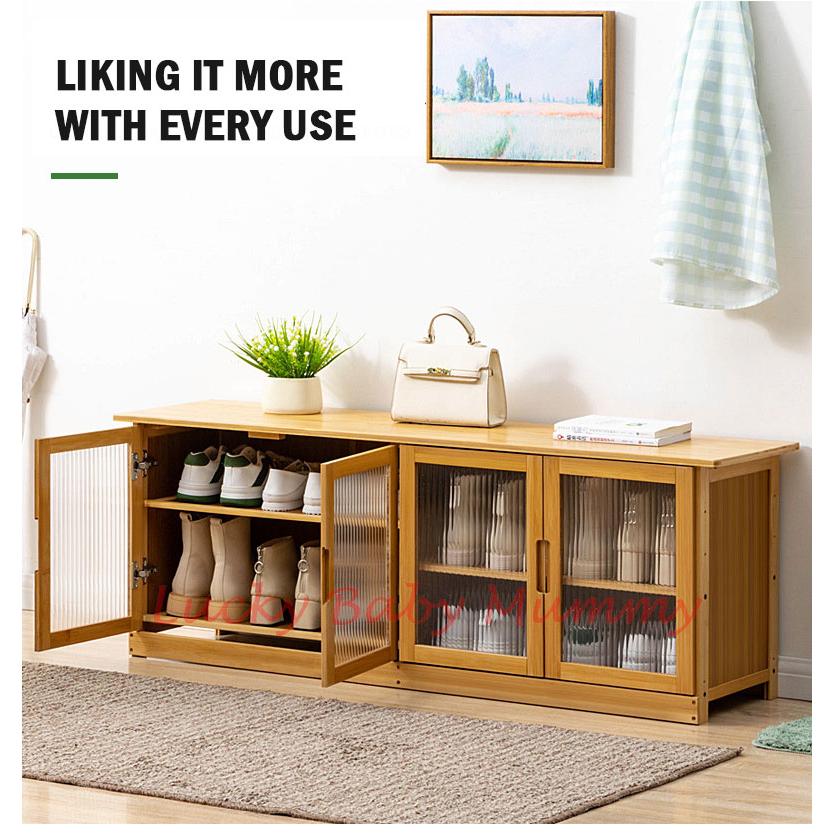 Bamboo Shoe Rack Bench with Transparent Door