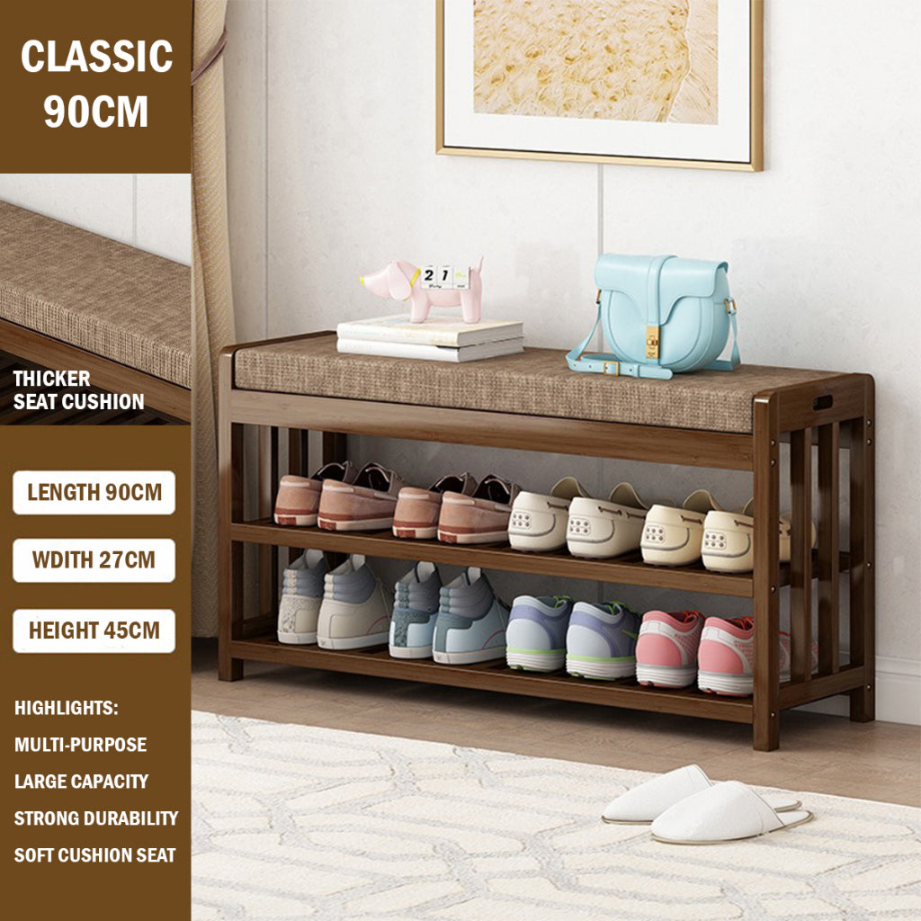 Sponge Cushion Bamboo Shoe Rack Bench