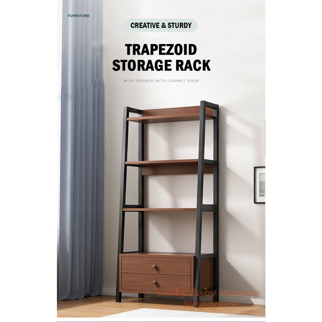 Steel Wood Bookshelf Wall Trapezoid Storage Rack