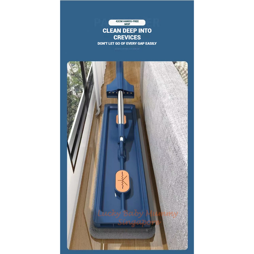 Hands-Free Flat Mop with Foldable Bucket Set/42cm Wide Mop Head/No Installation Needed