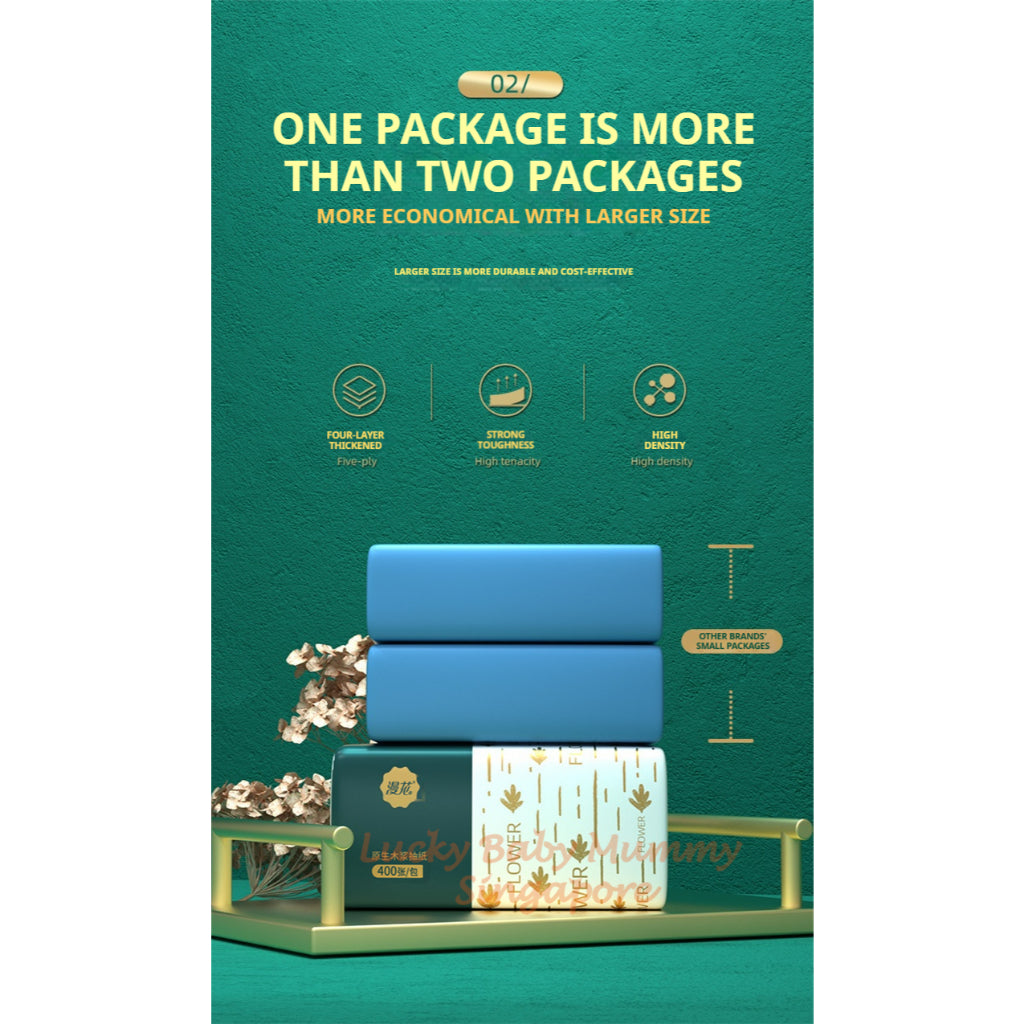 【24 Packs/ Box】ManHua Green Peacock 4-Ply 400 Sheets/Pack Thick Facial Drawing Tissues