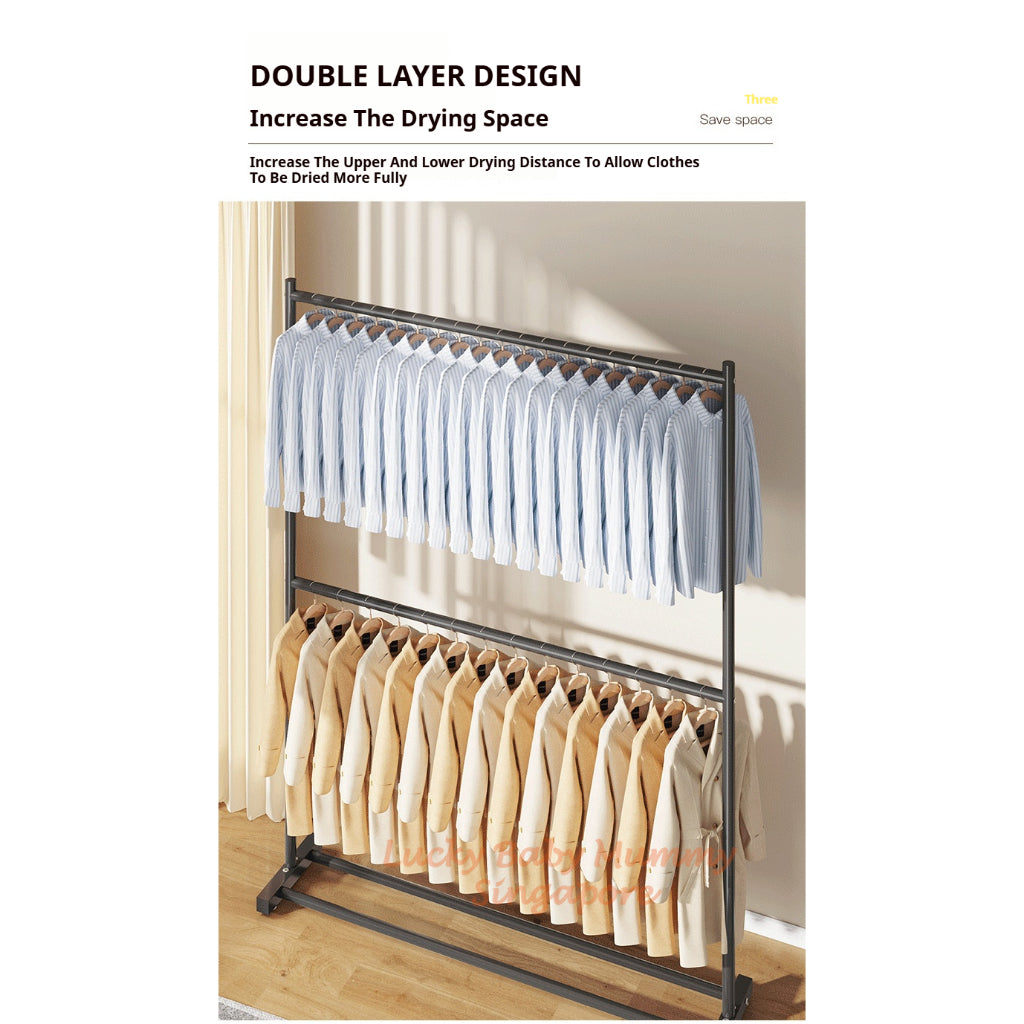 Double Layer Clothes Drying Rack/Heavy Duty Stainless Steel With Wheel/Indoor Outdoor Laundry Stand
