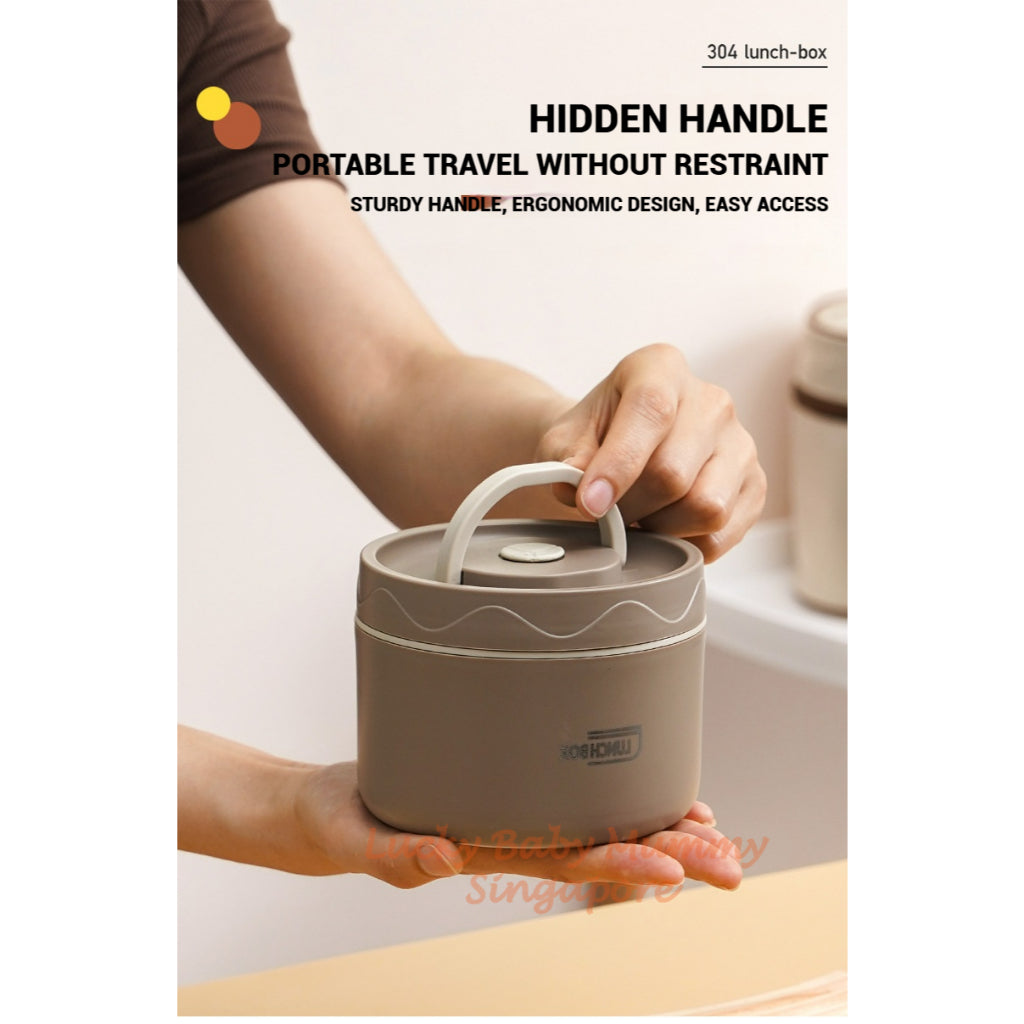 Stainless Steel Lunch Box / Microwaveable Thermos Food Container / Round Insulated Food Storage Box