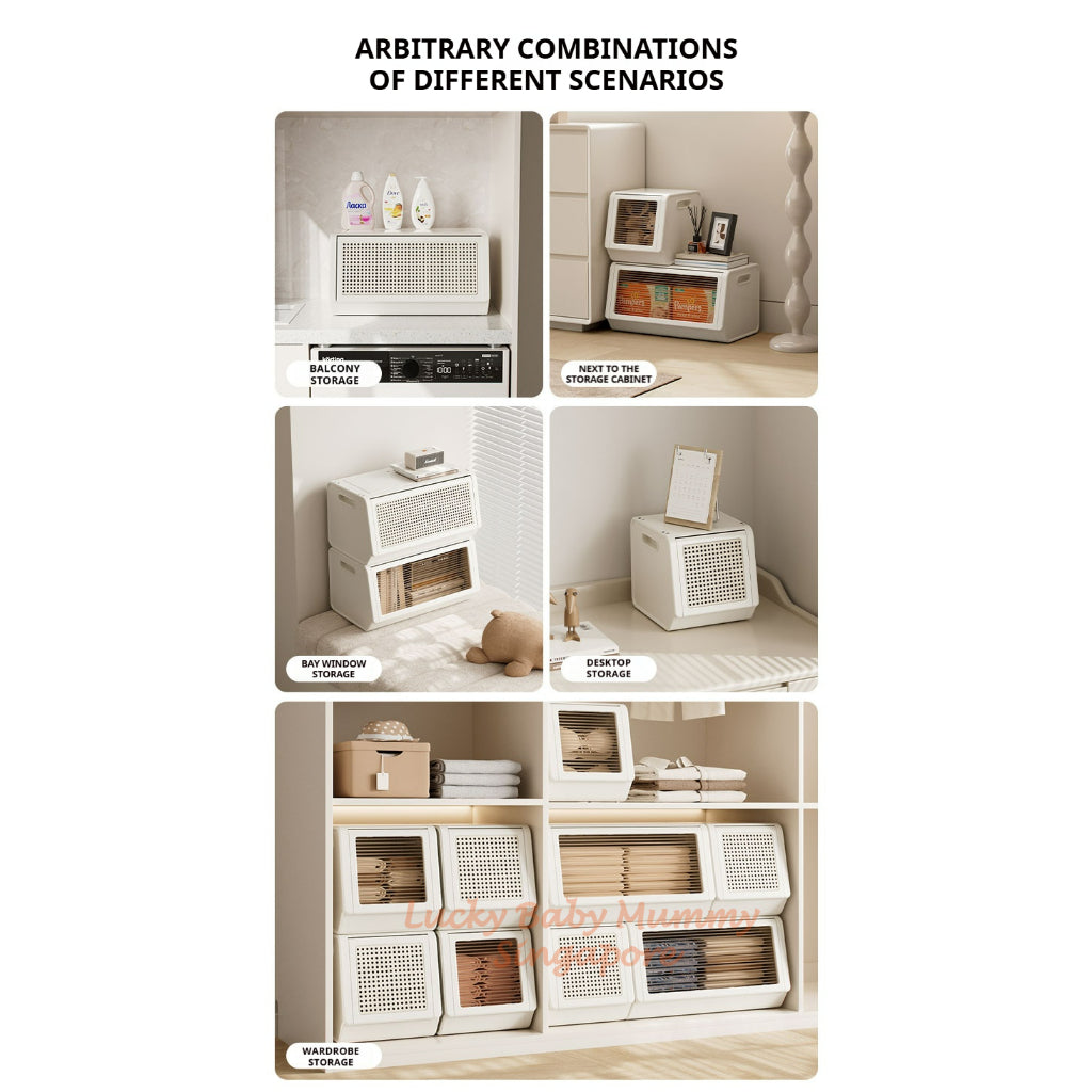 Rattan Lid Storage Cabinet with Door/Stackable Organizer for Home or Kids, Snacks, Baby Storage Box