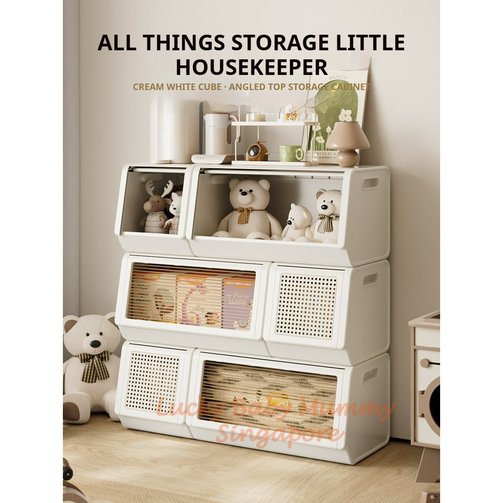 Rattan Lid Storage Cabinet with Door/Stackable Organizer for Home or Kids, Snacks, Baby Storage Box